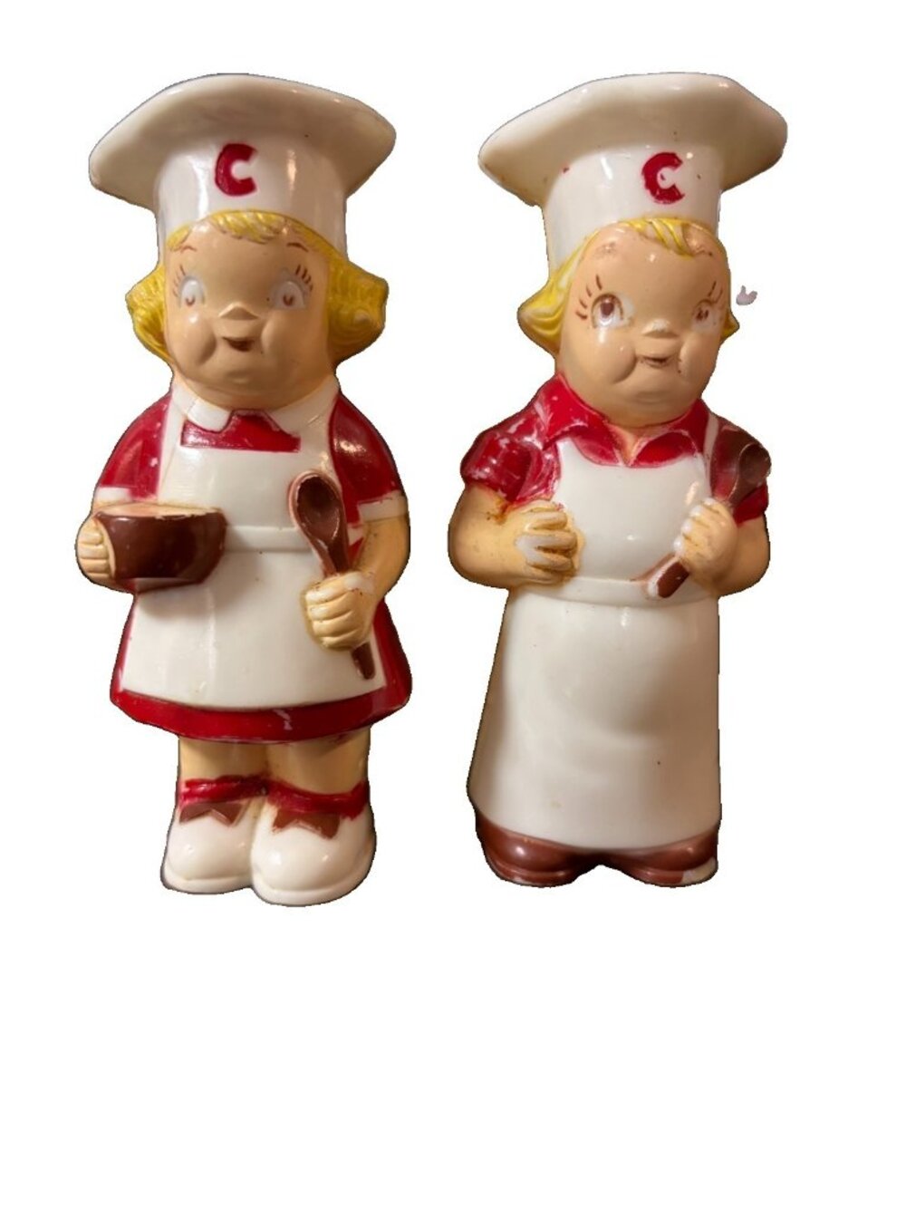 Vintage Campbell’s Soup Kids Chef Salt Pepper Shakers Plastic Red White 4.5”